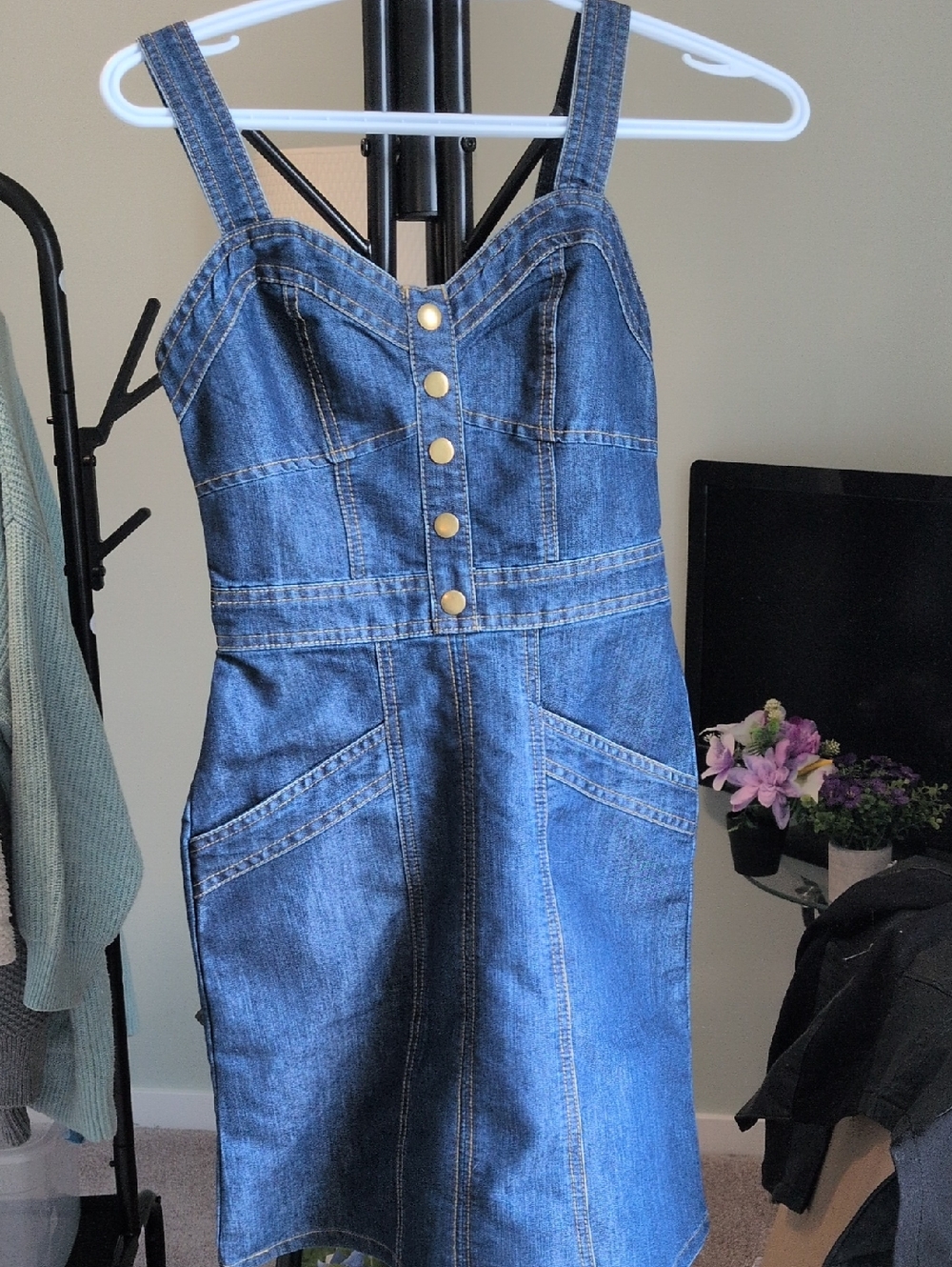 Lone Star Denim Button-Front Pinafore Dress In Dark Blue